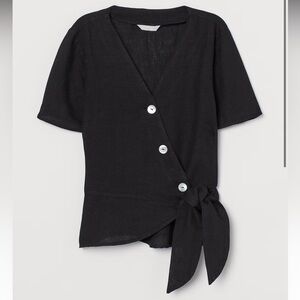 H&M‎ 100% Linen Wrapover Button & Tie Closure Black Blouse